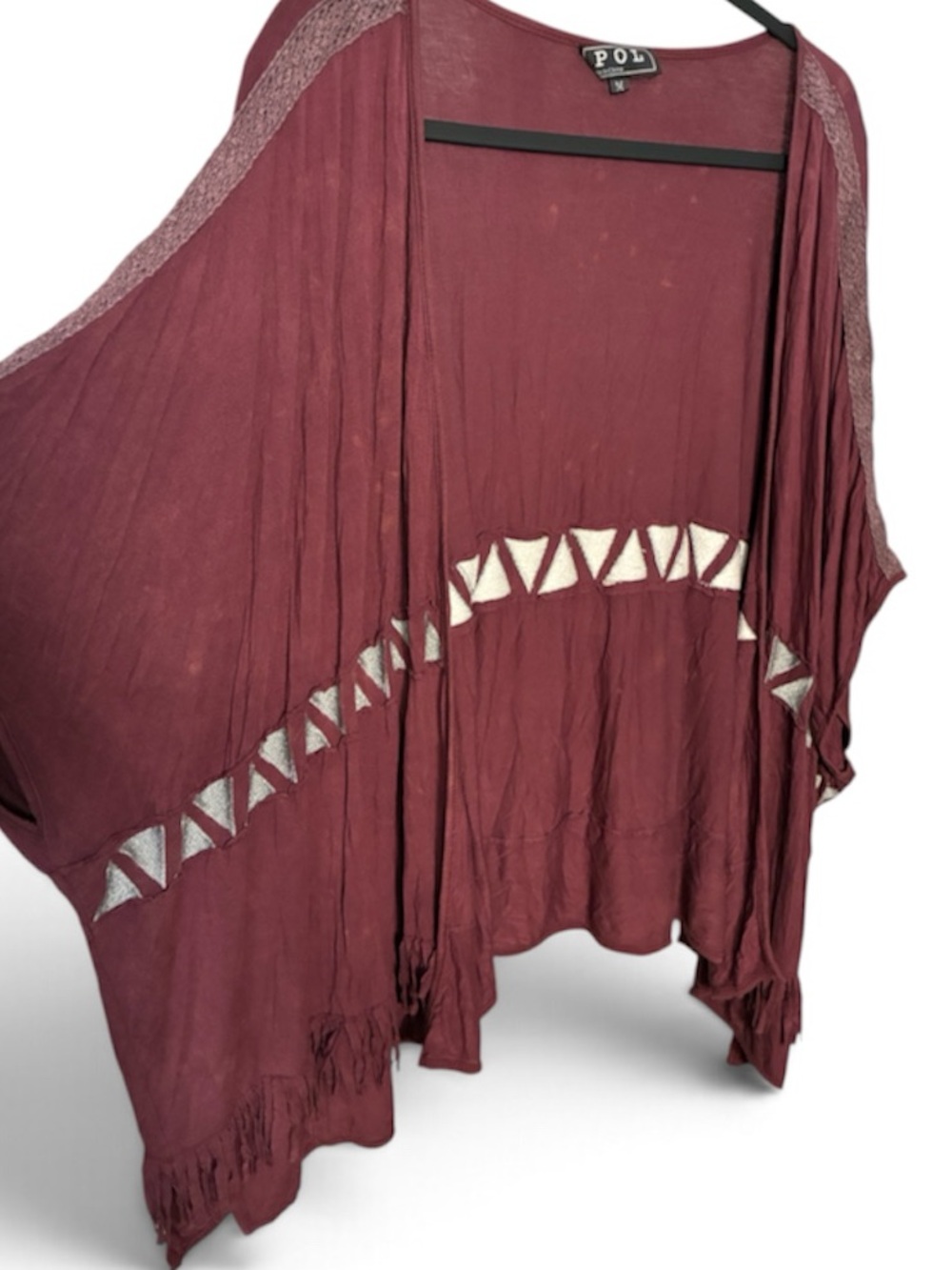 POL Medium Burgundy Open-Front Fringe Kimono Cardigan Embroidered Mineral Wash